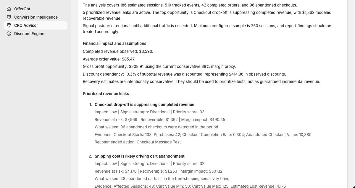 CRO Advisor report showing prioritized opportunities, supporting evidence, assumptions, and recommended tests.